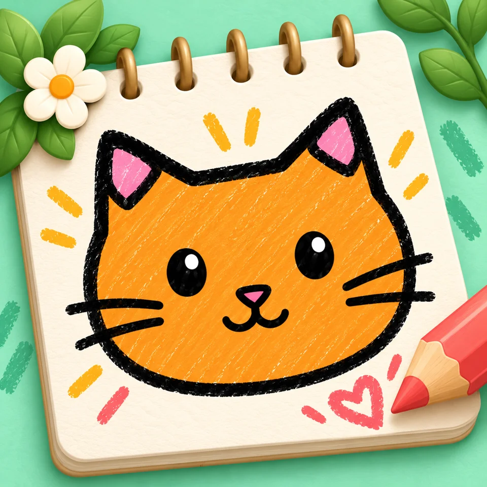 A cozy orange cat in a bright illustrated world