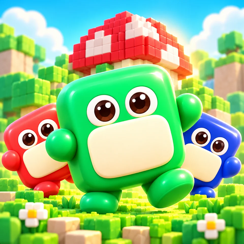 Playful cube characters together in a sunny mushroom garden